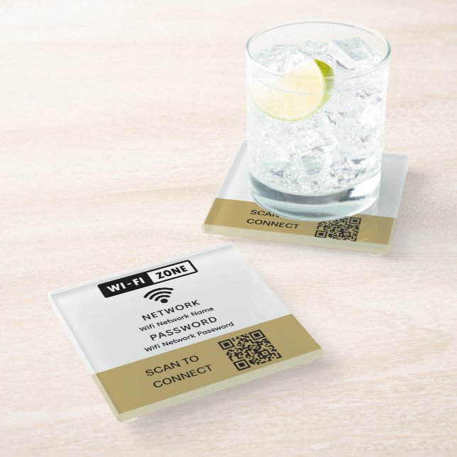 Simple Elegant Wifi QR Code Network Password  Glass Coaster (Angled)