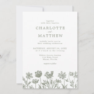 Simple Elegant Wild Flower Sage Green Wedding Invitation