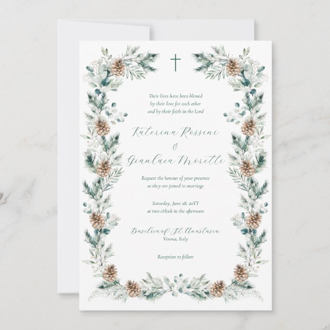 Simple Elegant Winter Greenery Christian Wedding Invitation (Front)