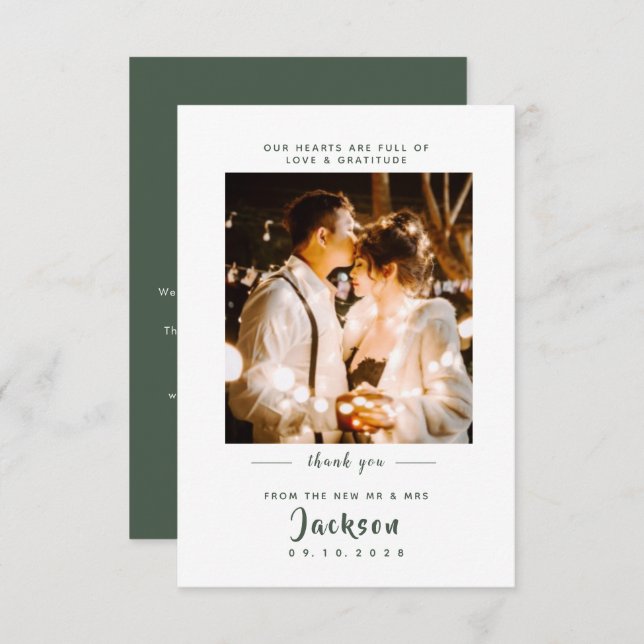 Simple elegant with photo Dark Green Wedding Thank You Card (Front/Back)