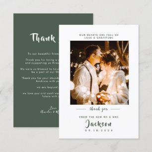 Simple elegant with photo Dark Green Wedding Thank You Card