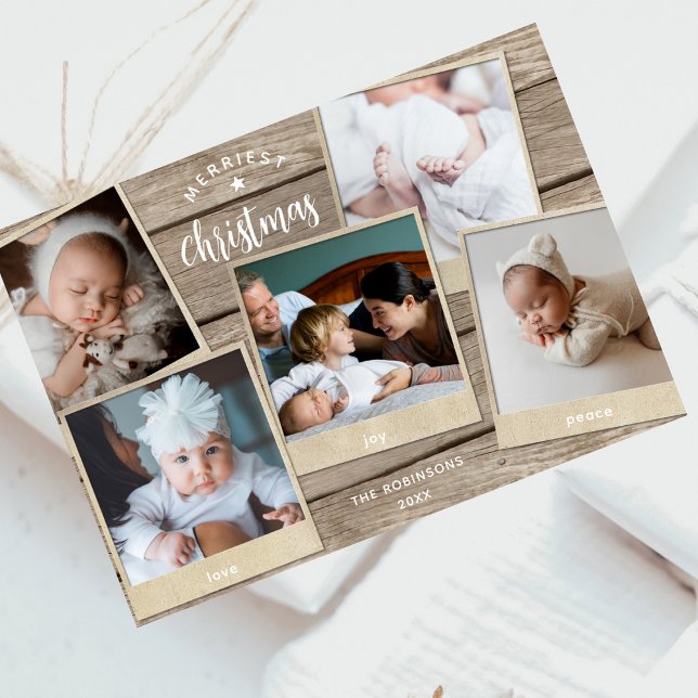 Simple Elegant Wood Multi Photo Collage Christmas Holiday Card (Creator Uploaded)