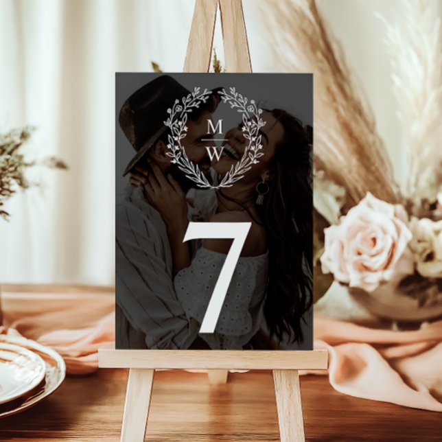 Simple Elegant Wreath 2-Photo Text Overlay Wedding Table Number (Creator Uploaded)