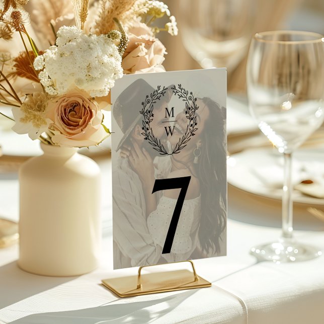 Simple Elegant Wreath 2-Photo Text Overlay Wedding Table Number (Creator Uploaded)