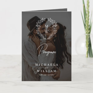 Simple Elegant Wreath 4-Photo Text Overlay Wedding Program