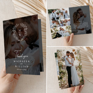 Simple Elegant Wreath 7-Photo Text Overlay Wedding Thank You Card