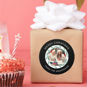 Simple Elegant Wreath Christmas Photo Family Name Classic Round Sticker
