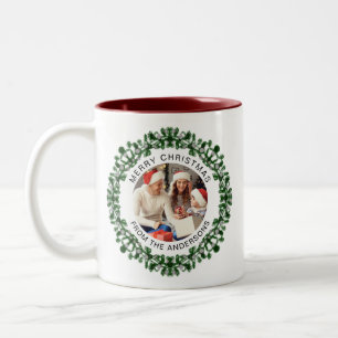 Simple Elegant Wreath Christmas Photo Family Name Two-Tone Coffee Mug