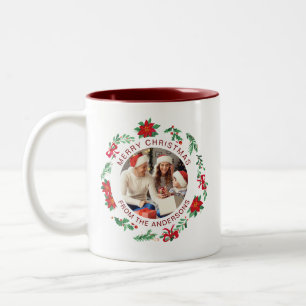 Simple Elegant Wreath Christmas Photo Family Name Two-Tone Coffee Mug