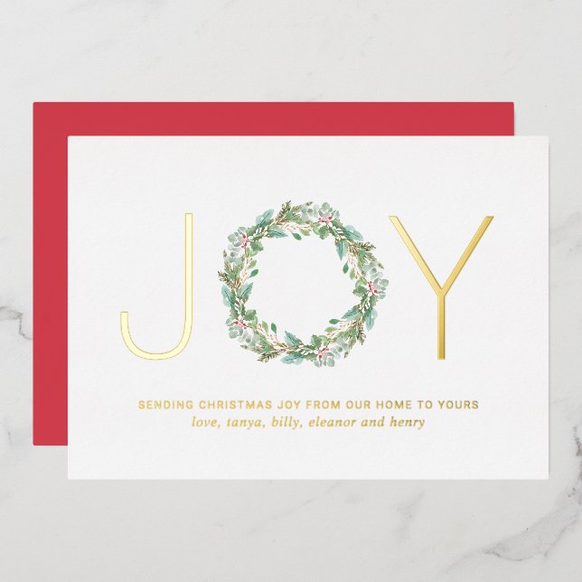 Simple Elegant Wreath Joy Christmas Gold Foil Foil Holiday Card (Front/Back)