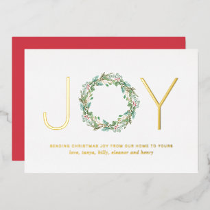 Simple Elegant Wreath Joy Christmas Gold Foil Holiday Card