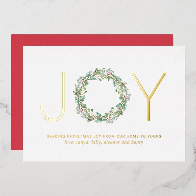 Simple Elegant Wreath Joy Christmas Gold Foil Holiday Card (Front/Back)