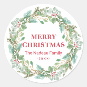 Simple Elegant Wreath Joy Modern Christmas Classic Round Sticker