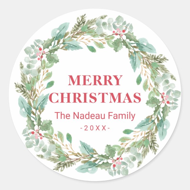 Simple Elegant Wreath Joy Modern Christmas Classic Round Sticker (Front)