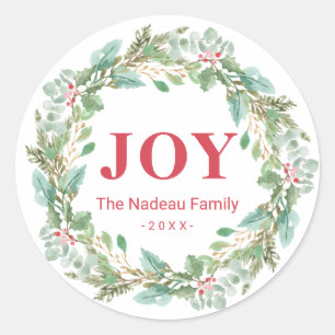 Simple Elegant Wreath Joy Modern Christmas Classic Round Sticker
