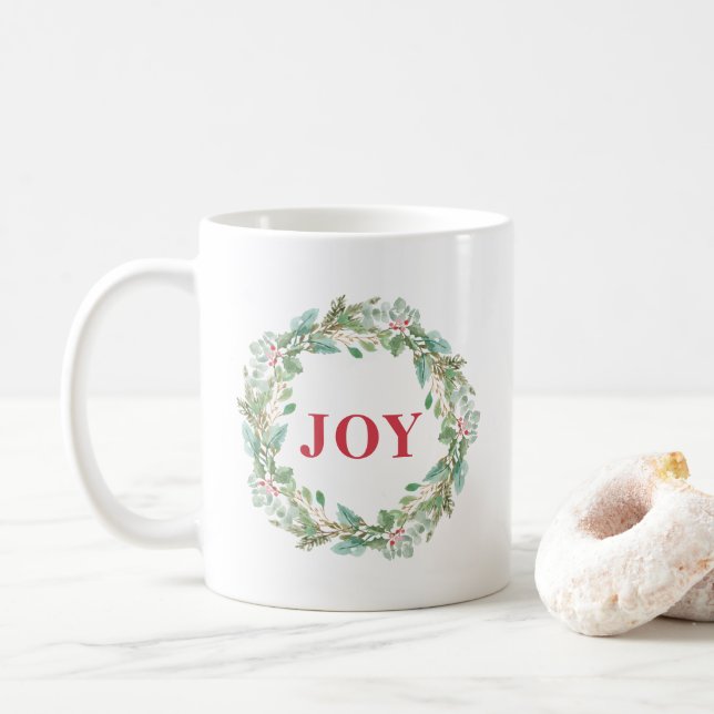 Simple Elegant Wreath Joy Modern Christmas Coffee Mug (With Donut)