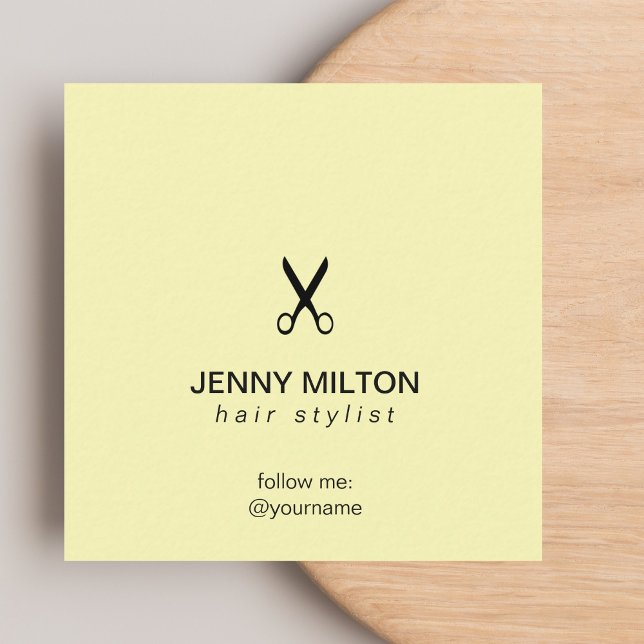 Simple Elegant Yellow Black Scissors Hair Stylist  Square Business Card (Creator Uploaded)