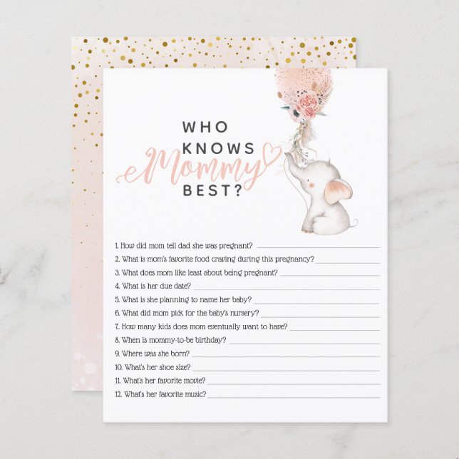 Simple Elephant & Balloon Baby Shower Game (Front/Back)