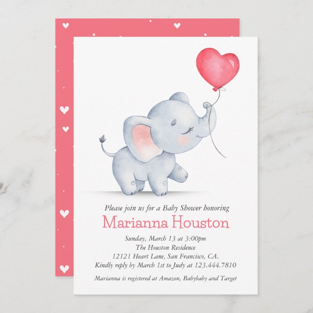 Simple Elephant & Heart Balloon Baby Shower Invitation (Front/Back)