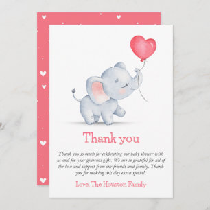 Simple Elephant & Heart Balloon Baby Shower Thank You Card