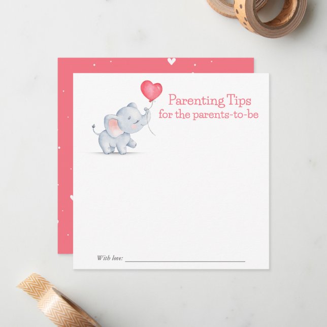 Simple Elephant & Heart Balloon Parenting Tips Card (Front/Back In Situ)