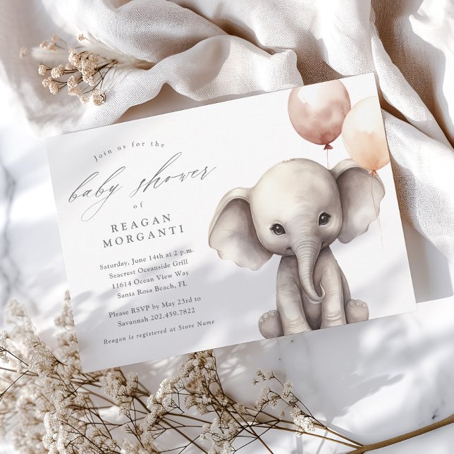 Simple Elephant with Balloons Neutral Baby Shower Invitation (Simple Gender Neutral Elephant Baby Shower Invitations.)
