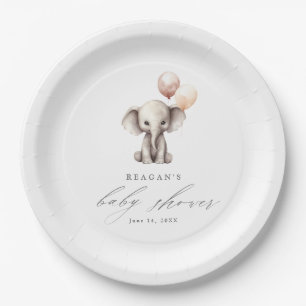 Simple Elephant with Balloons Neutral Baby Shower Paper Plate