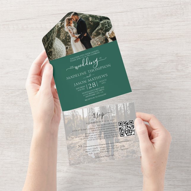 Simple Emeral Green 2 Photo QR Code RSVP Wedding All In One Invitation (Tearaway)