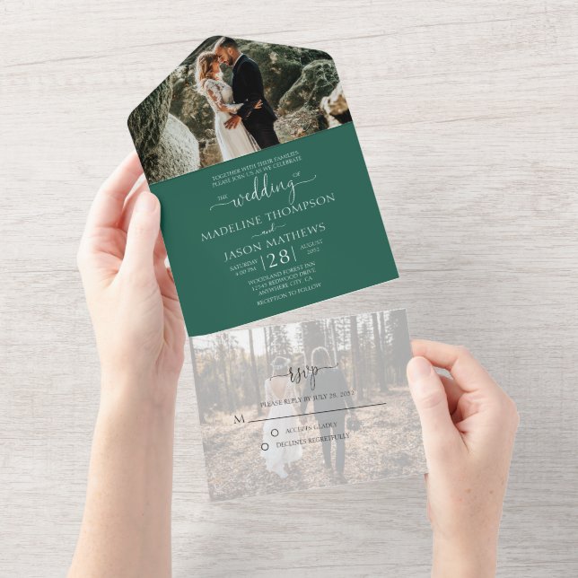 Simple Emerald Green 2 Photo RSVP Wedding All In One Invitation (Tearaway)