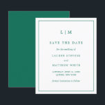 Simple Emerald Green Budget Wedding Save the Date<br><div class="desc">Simple emerald green budget save the date featuring a modern yet elegant design with your two letter monogram at the top and your wedding details surrounded by a thin border.  A chic and stylish design that is great for a minimalist couple.</div>