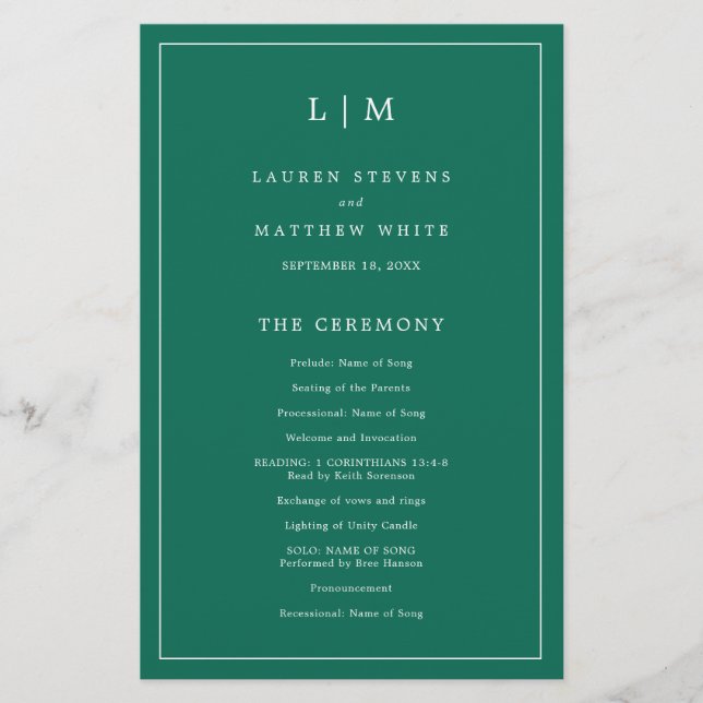 Simple Emerald Green Elegant Wedding Program (Front)
