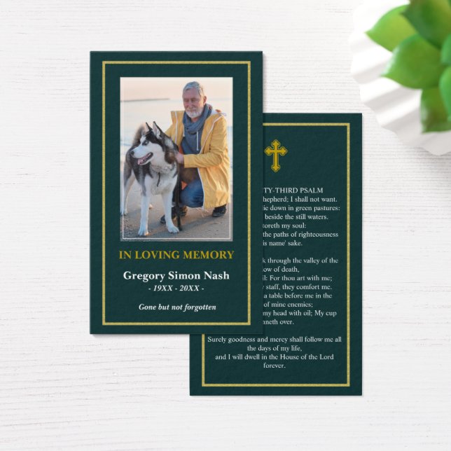 Simple Emerald Green Gold Photo Funeral Card (Desk)