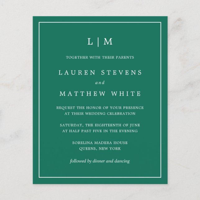 Simple Emerald Green Monogram Elegant Wedding (Front)