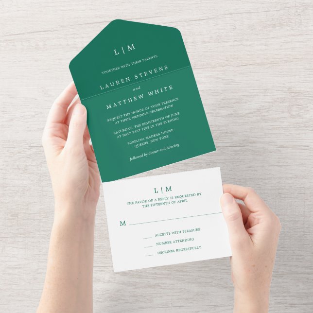 Simple Emerald Green Monogram Elegant Wedding All In One Invitation (Tearaway)