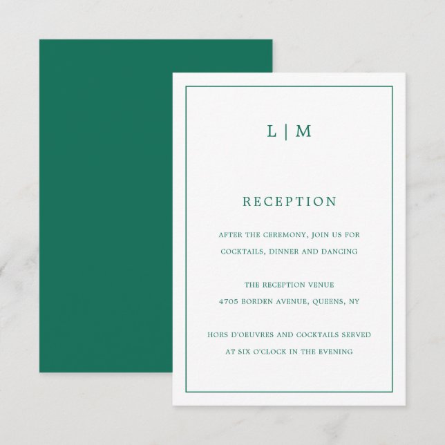 Simple Emerald Green Monogram Elegant Wedding Enclosure Card (Front/Back)