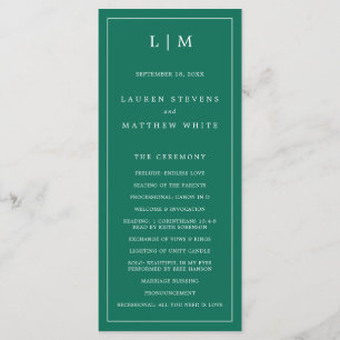 Simple Emerald Green Monogram Elegant Wedding Program