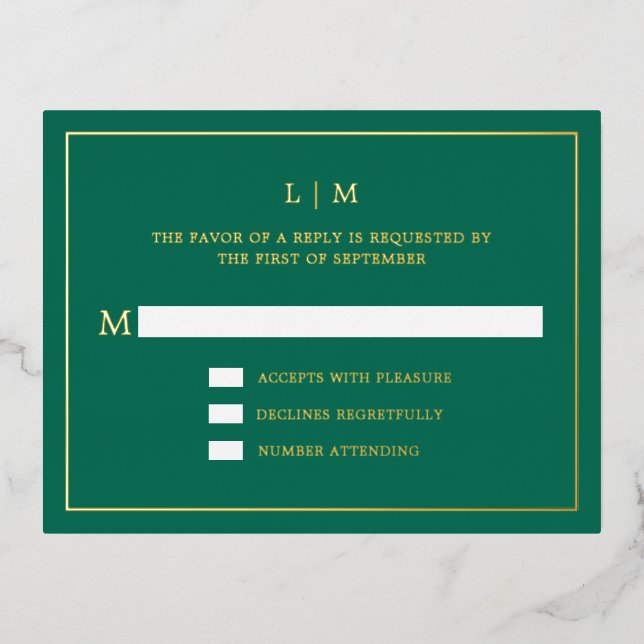 Simple Emerald Green Monogram Elegant Wedding RSVP Foil Invitation Postcard (Front)