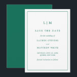Simple Emerald Green Monogram Elegant Wedding Save The Date<br><div class="desc">Simple jewel tone emerald green save the date card featuring a modern yet elegant design with your two letter monogram at the top and your wedding details surrounded by a thin border. The fonts and background colours may be changed to any colours you wish. A chic and stylish design that...</div>