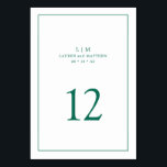 Simple Emerald Green Monogram Elegant Wedding Table Number<br><div class="desc">Simple wedding table number featuring an elegant and timeless design with your two letter monogram, names, date and table number surrounded a thin border. All design elements are in a jewel tone emerald green over a white background and may be changed to any colour you wish in the design editing...</div>
