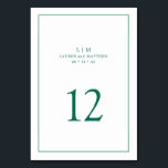 Simple Emerald Green Monogram Elegant Wedding Table Number<br><div class="desc">Simple wedding table number featuring an elegant and timeless design with your two letter monogram, names, date and table number surrounded a thin border. All design elements are in a jewel tone emerald green over a white background and may be changed to any colour you wish in the design editing...</div>