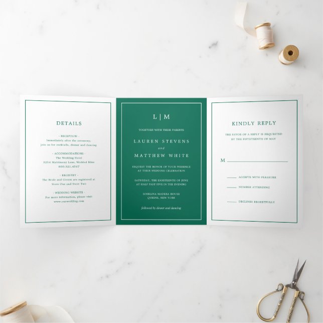 Simple Emerald Green Monogram Elegant Wedding Tri-Fold Invitation (Inside)