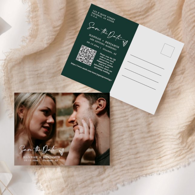 Simple Emerald Green Save the Date QR Code Photo Postcard (Creator Uploaded)
