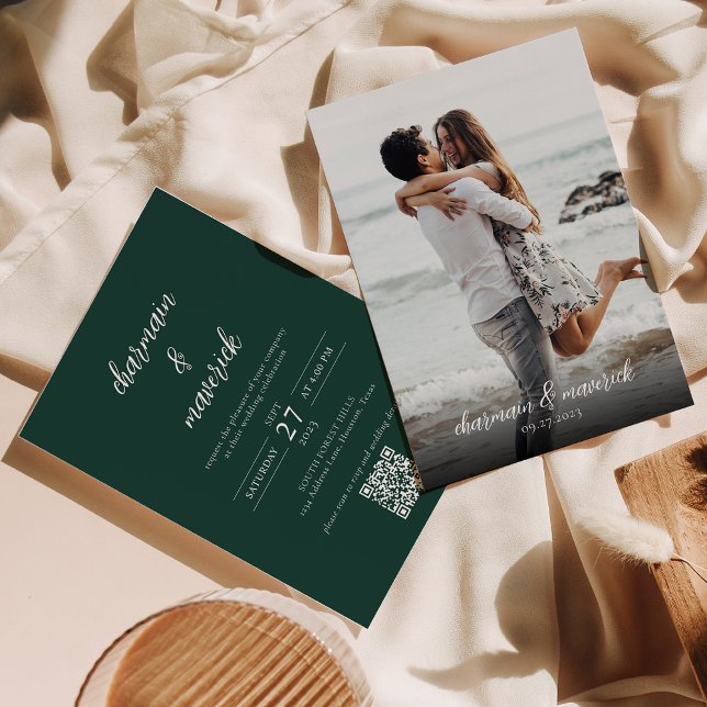 Simple Emerald Green Script Photo QR Code Wedding Invitation (Creator Uploaded)