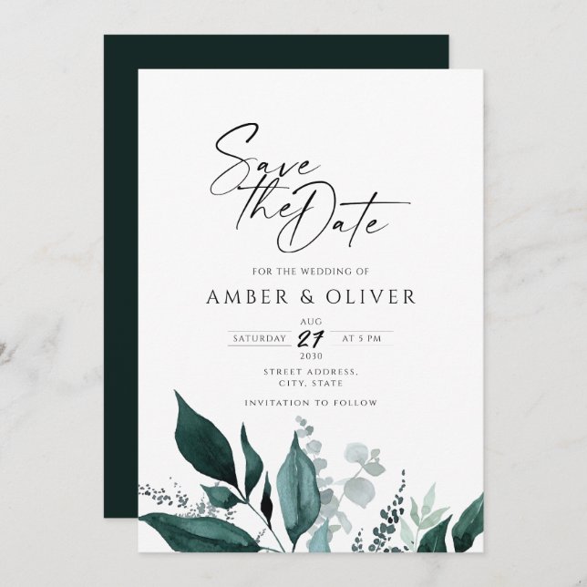Simple Emerald Greenery Save The Date Invitation (Front/Back)