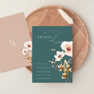 Simple Emerald Pink Wildflowers Floral Wedding Invitation