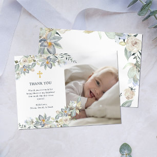 Simple Eucalyptus and Gold Cross   Photo Baptism Thank You Card