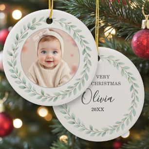 Simple Eucalyptus Baby First Christmas Photo Ceramic Ornament