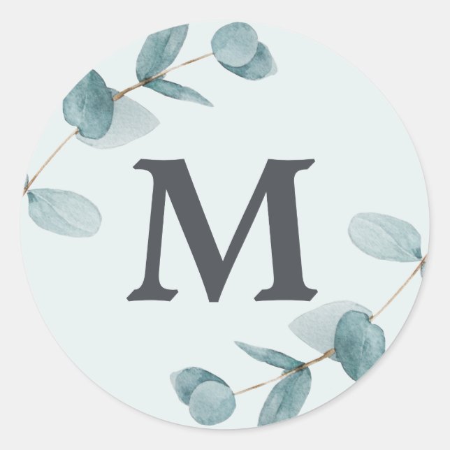 Simple Eucalyptus Branches Rustic Wedding monogram Classic Round Sticker (Front)