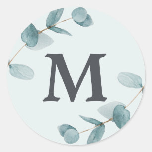 Simple Eucalyptus Branches Rustic Wedding monogram Classic Round Sticker