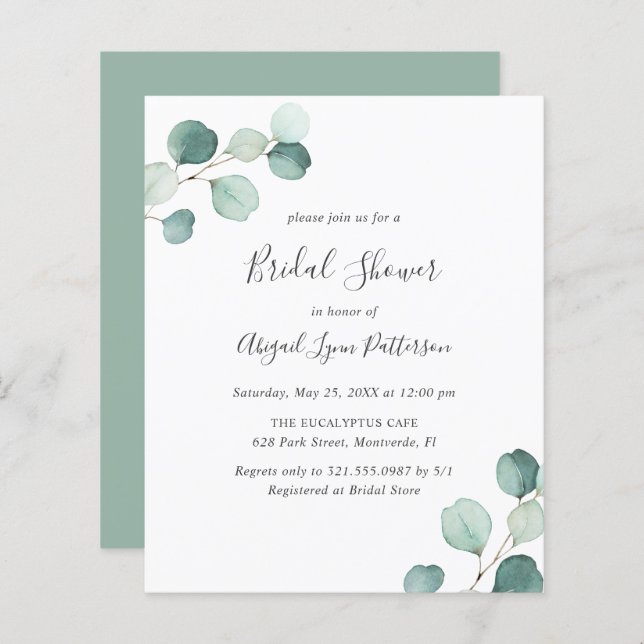 Simple Eucalyptus Budget Bridal Shower Invitation (Front/Back)